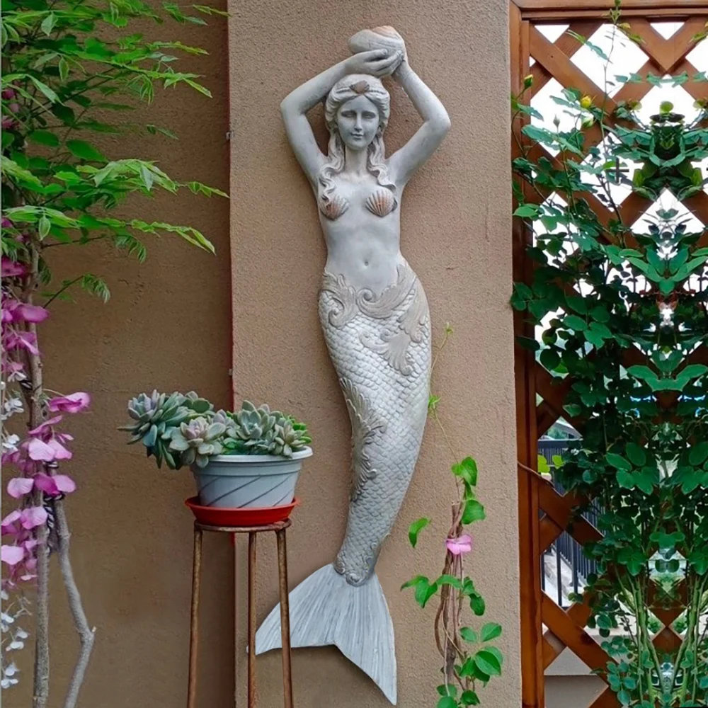 Beachcrest Home™ 40" Large Outdoor Mermaid Wall Decor Gray Resin Garden ...